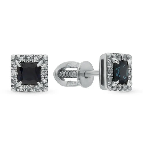 White Gold Studs with screws earrings with Black sapphires and diamonds Cushionblue