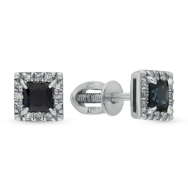 White Gold Studs with screws earrings with Black sapphires and diamonds Cushionblue
