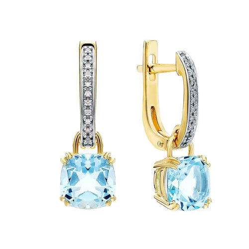 Yellow Gold Latch back earrings with Cushion Topaz and diamonds - cushionblue