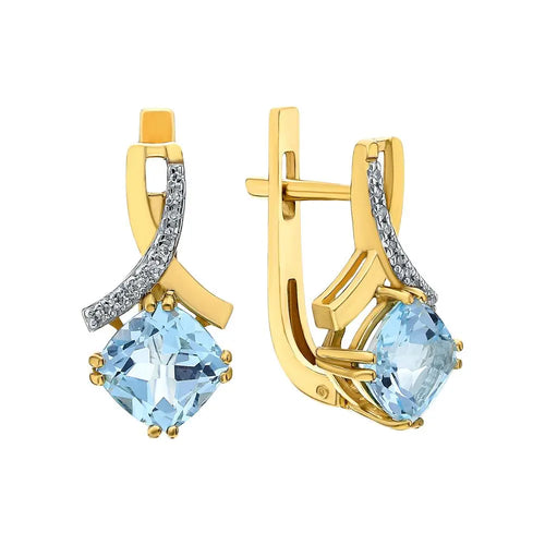 Yellow Gold Latch back earrings with Cushion cut Topaz and diamonds - cushionblue