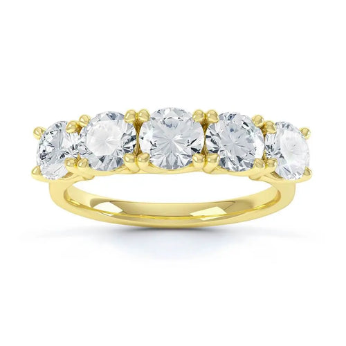 Round Brilliant Cut 5 Stone Set Yellow Gold Trilogy Ring - cushionblue