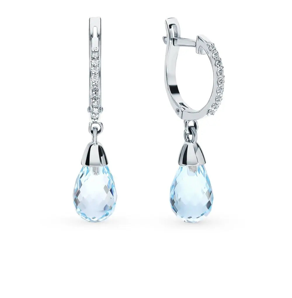 White Gold Latch back earrings with Topaz and diamond - cushionblue