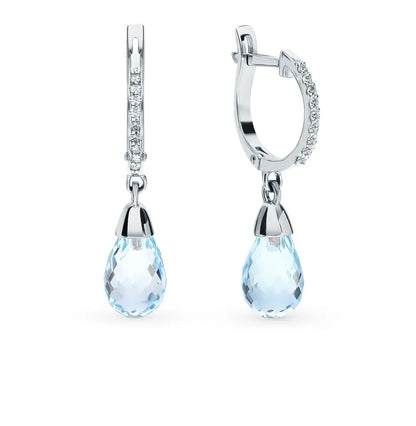 White Gold Latch back earrings with Topaz and diamond - cushionblue