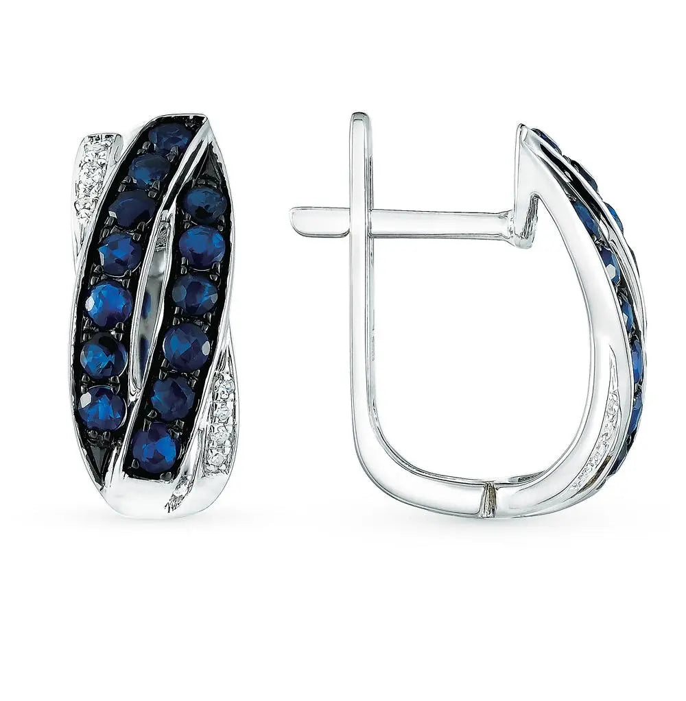 White Gold Latch back earrings with Sapphires and diamonds - cushionblue
