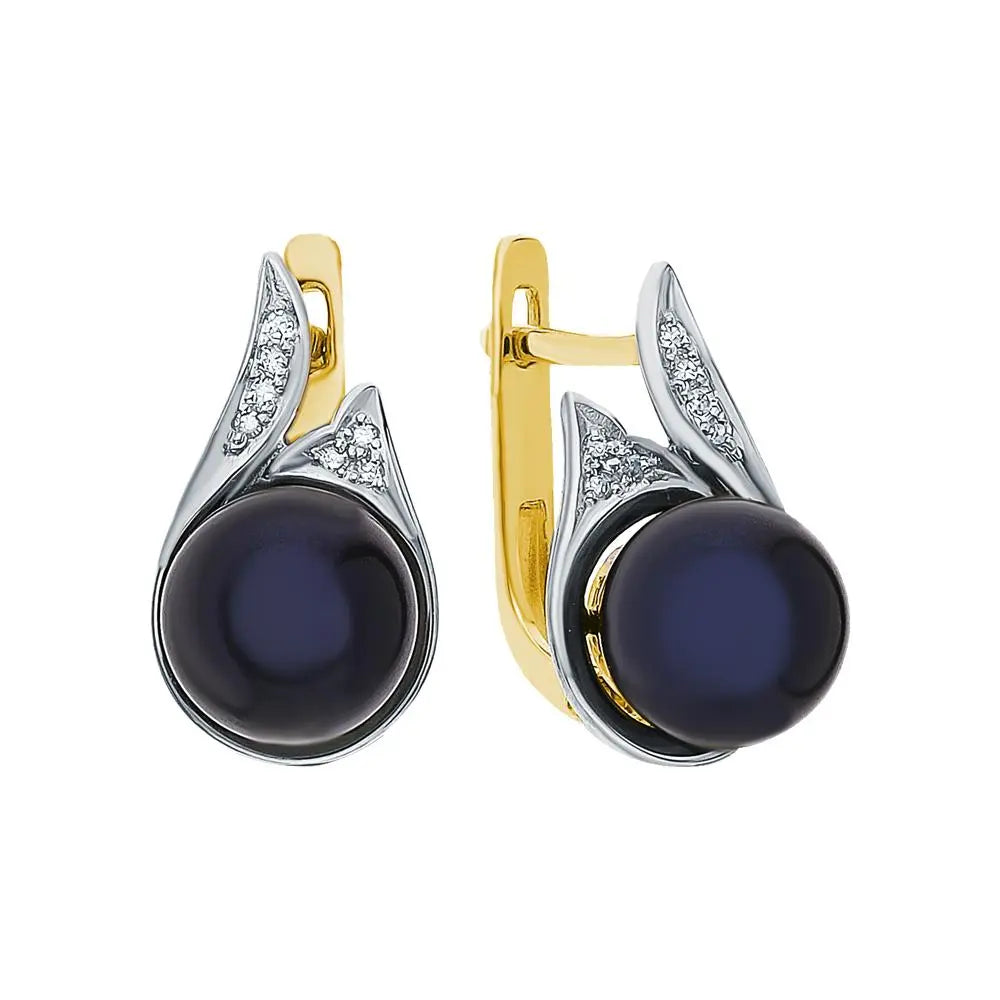 Yellow Gold Latch back earrings with Freshwater cultured black pearls and diamonds - cushionblue