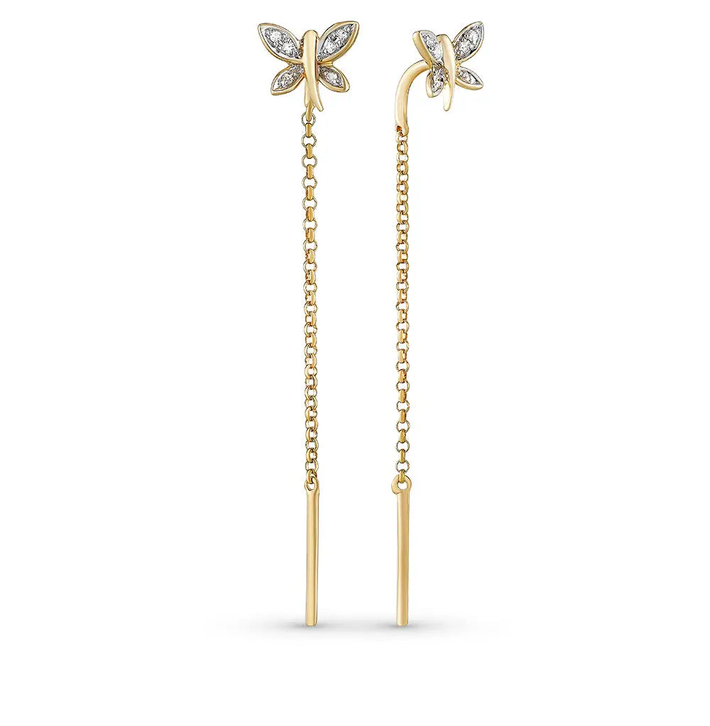 Yellow Gold Butterfly string earrings with diamonds - cushionblue
