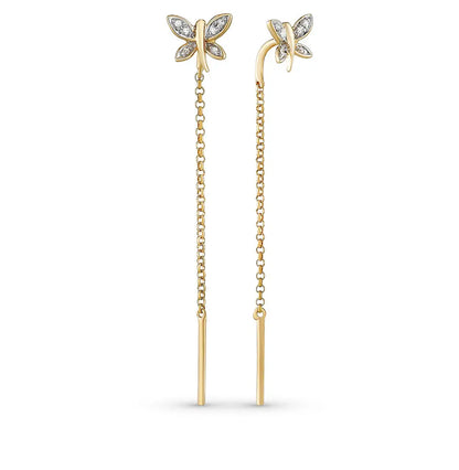 Yellow Gold Butterfly string earrings with diamonds - cushionblue