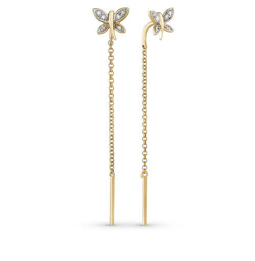 Yellow Gold Butterfly string earrings with diamonds - cushionblue