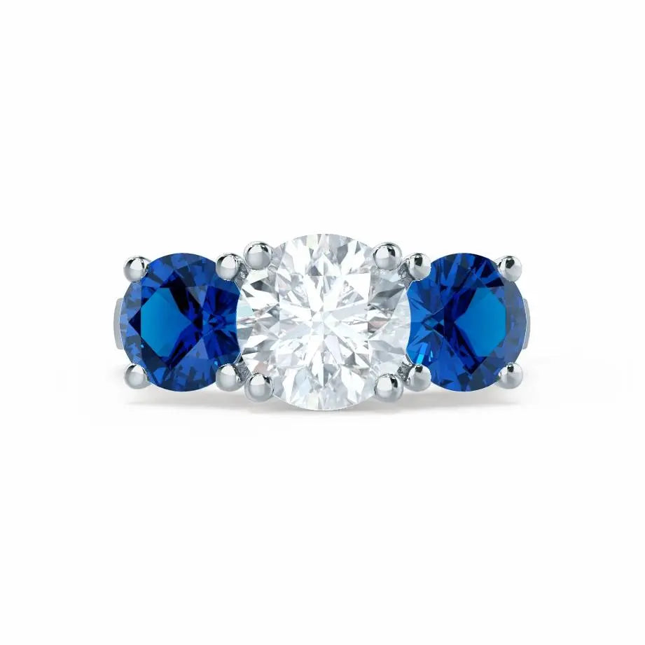Round & Sapphire 3 Stone Set Platinum Trilogy Ring - cushionblue