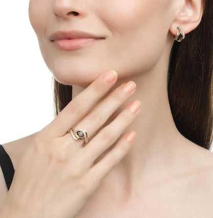 Yellow Gold Latch back earrings with Oval cut Rauchtopaz and diamonds - cushionblue