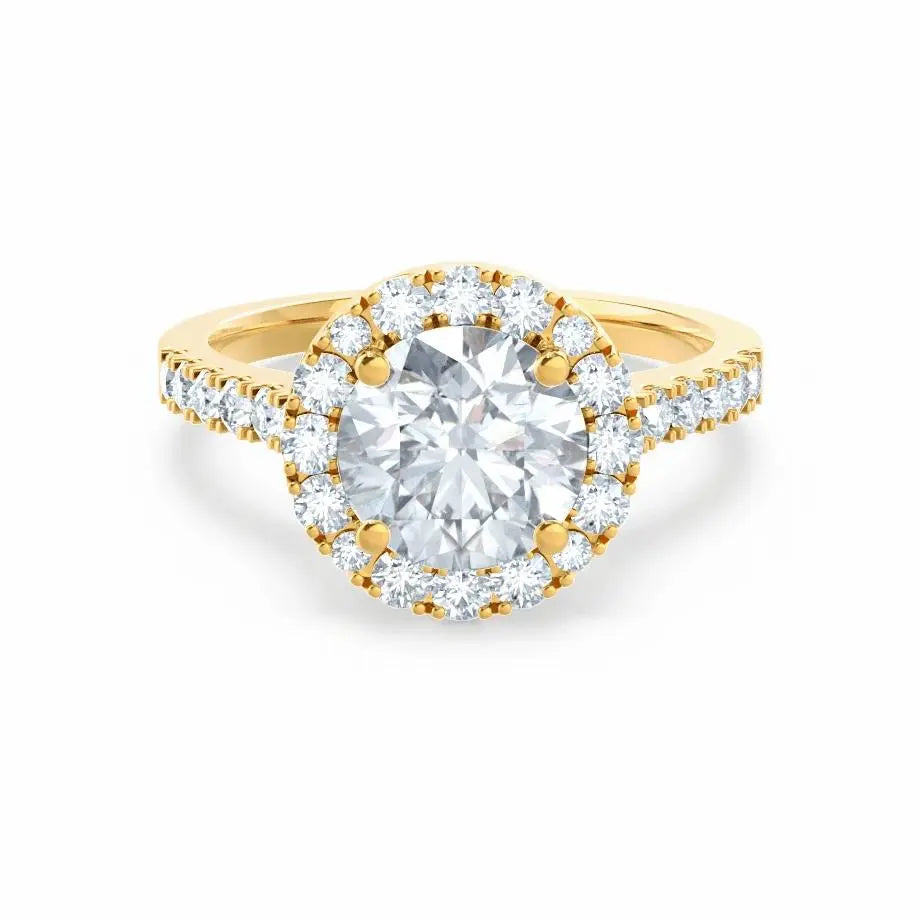 Round cut Natural Diamond Yellow Gold Halo Ring - cushionblue