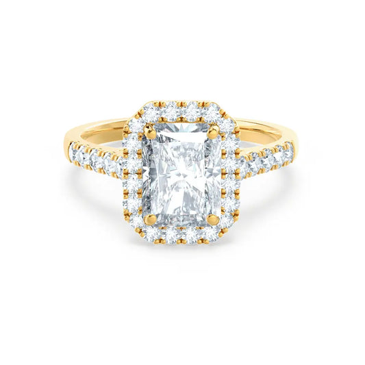 Radiant cut Natural Diamond Yellow Gold Halo Ring - cushionblue
