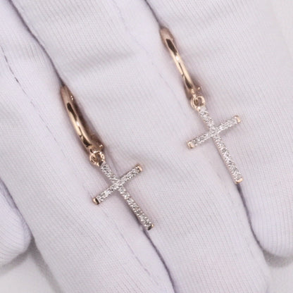 Rose Gold Latch back Cross earrings with diamonds