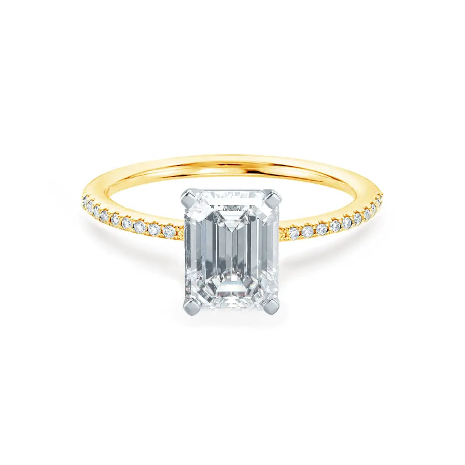 Emerald Cut Two-tone Yellow Gold Petite Pavé Shoulder Set Solitaire Ring - cushionblue