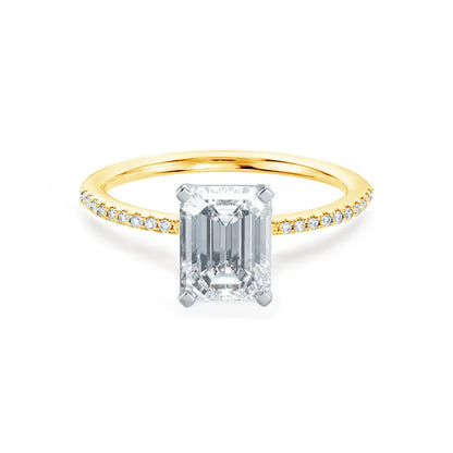 Emerald Cut Two-tone Yellow Gold Petite Pavé Shoulder Set Solitaire Ring - cushionblue