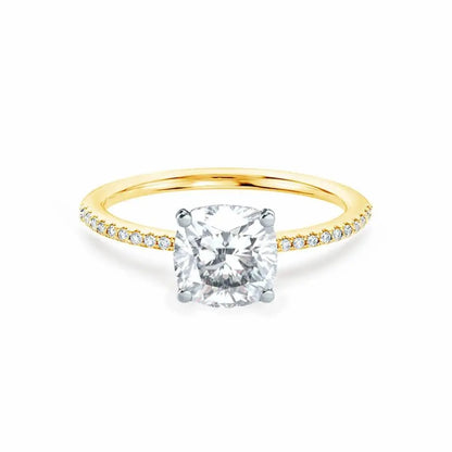 Cushion Cut Two-tone Yellow Gold Petite Pavé Shoulder Set Solitaire Ring - cushionblue