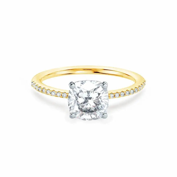 Cushion Cut Two-tone Yellow Gold Petite Pavé Shoulder Set Solitaire Ring - cushionblue