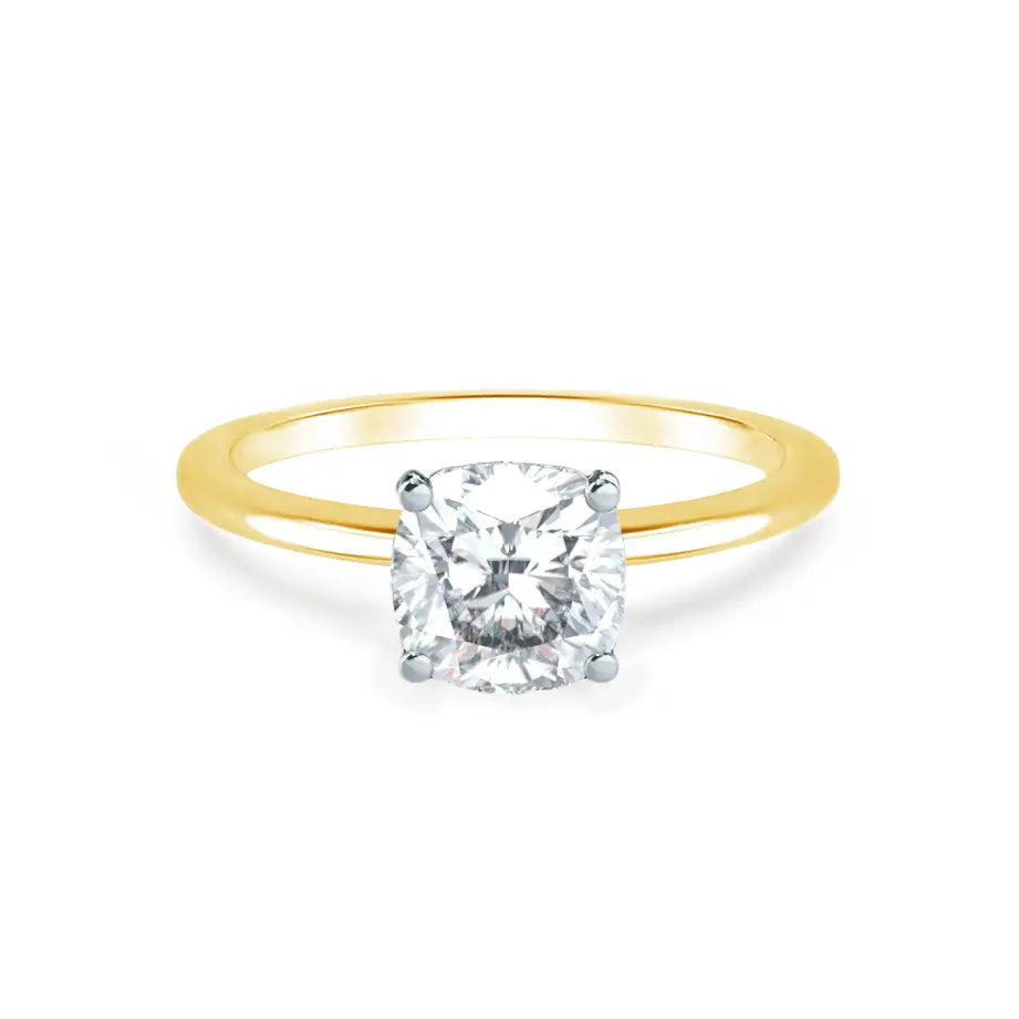Cushion Cut Two-tone Yellow Gold Petite Pavé Plain Mount Solitaire Ring - cushionblue