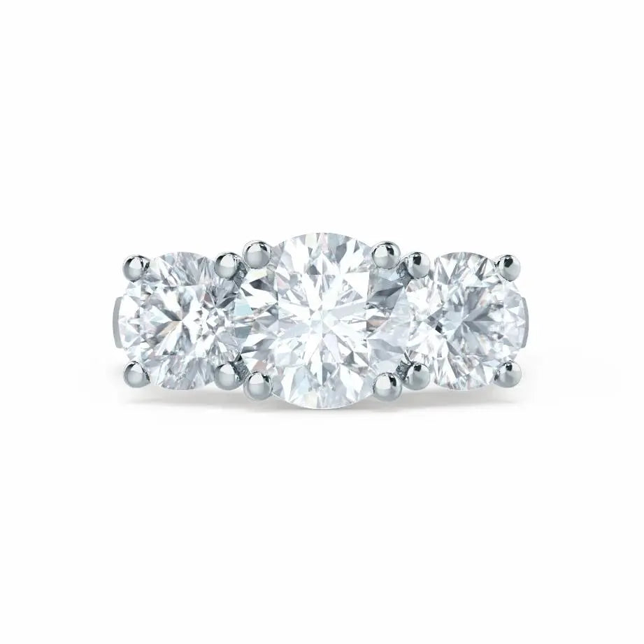 Round Brilliant Cut 3 Stone Set White Gold Trilogy Ring - cushionblue