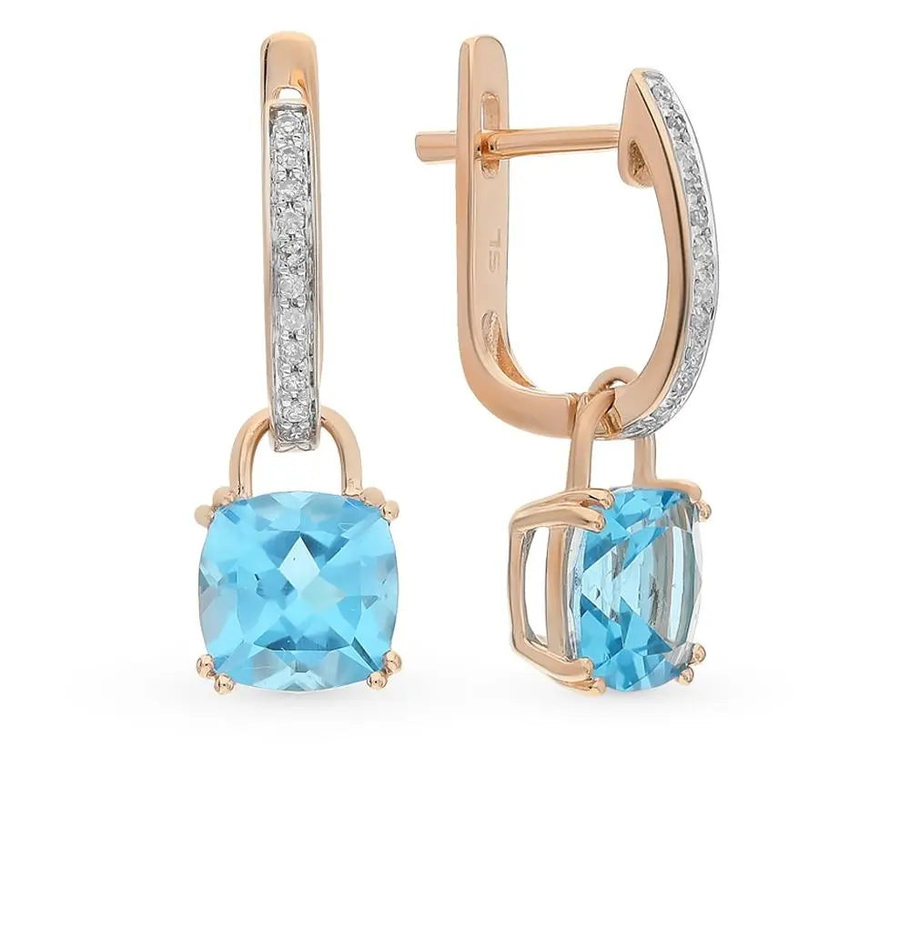 Rose Gold Latch back earrings with Cushion Blue Topaz and diamonds - cushionblue