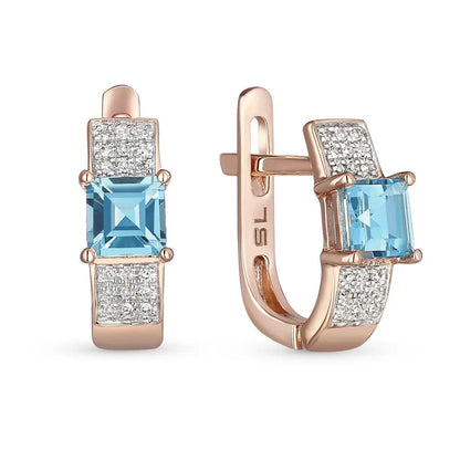 Rose Gold Latch back earrings with Topaz and diamonds - cushionblue