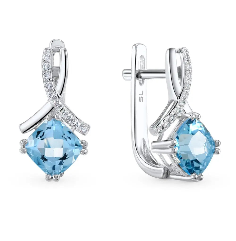 White Gold Latch back earrings with Cushion cut Topaz and diamonds - cushionblue