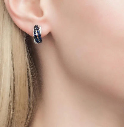 White Gold Latch back earrings with Sapphires and diamonds - cushionblue