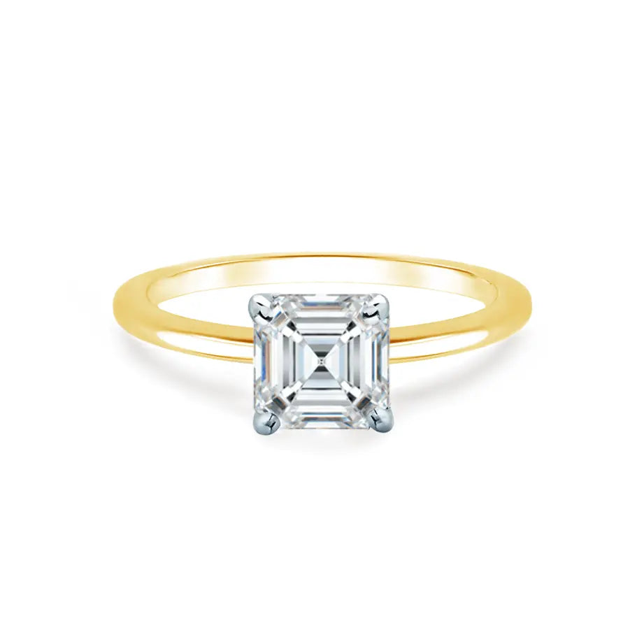 Asscher Cut Two-tone Yellow Gold Petite Pavé Plain Mount Solitaire Ring - cushionblue