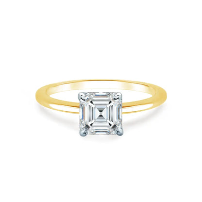 Asscher Cut Two-tone Yellow Gold Petite Pavé Plain Mount Solitaire Ring - cushionblue