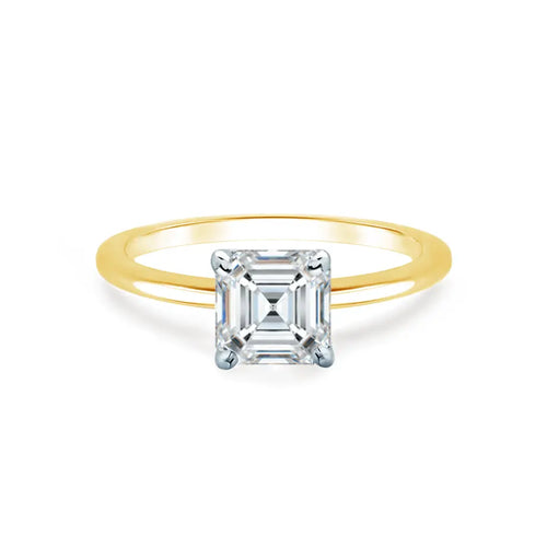 Asscher Cut Two-tone Yellow Gold Petite Pavé Plain Mount Solitaire Ring - cushionblue