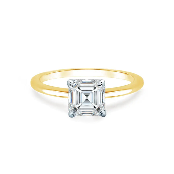 Asscher Cut Two-tone Yellow Gold Petite Pavé Plain Mount Solitaire Ring - cushionblue