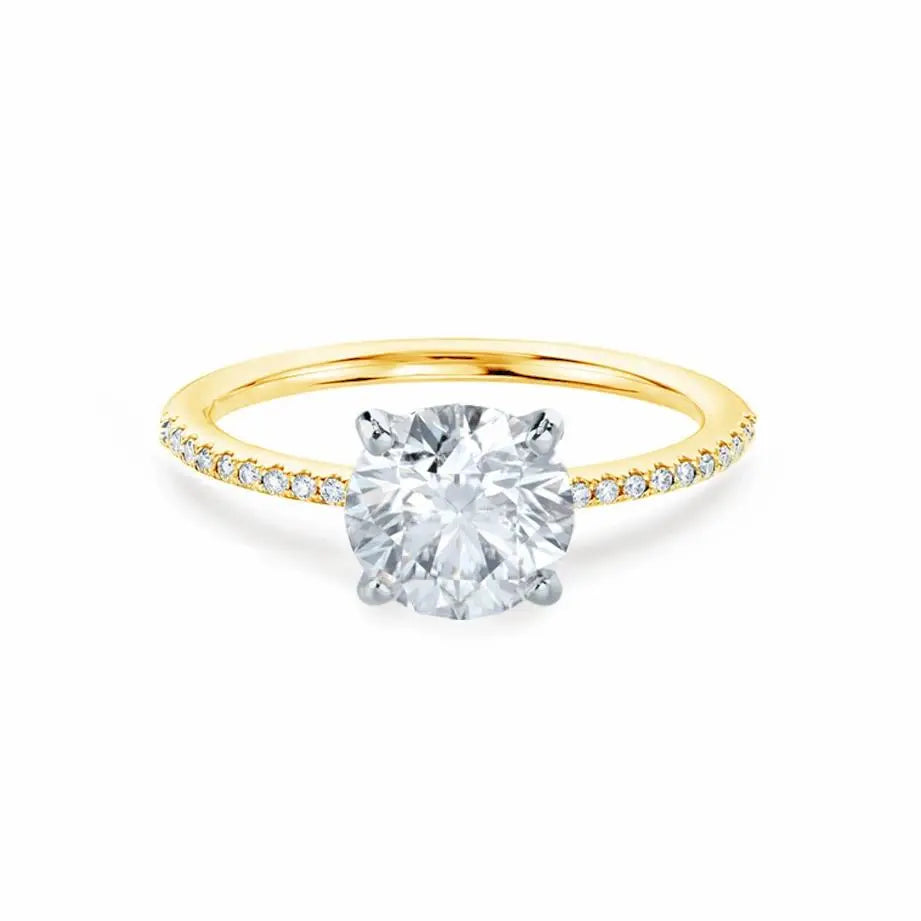 Round Cut Natural Diamond Yellow Gold & Platinum Petite Pavé Shoulder Set Ring - cushionblue