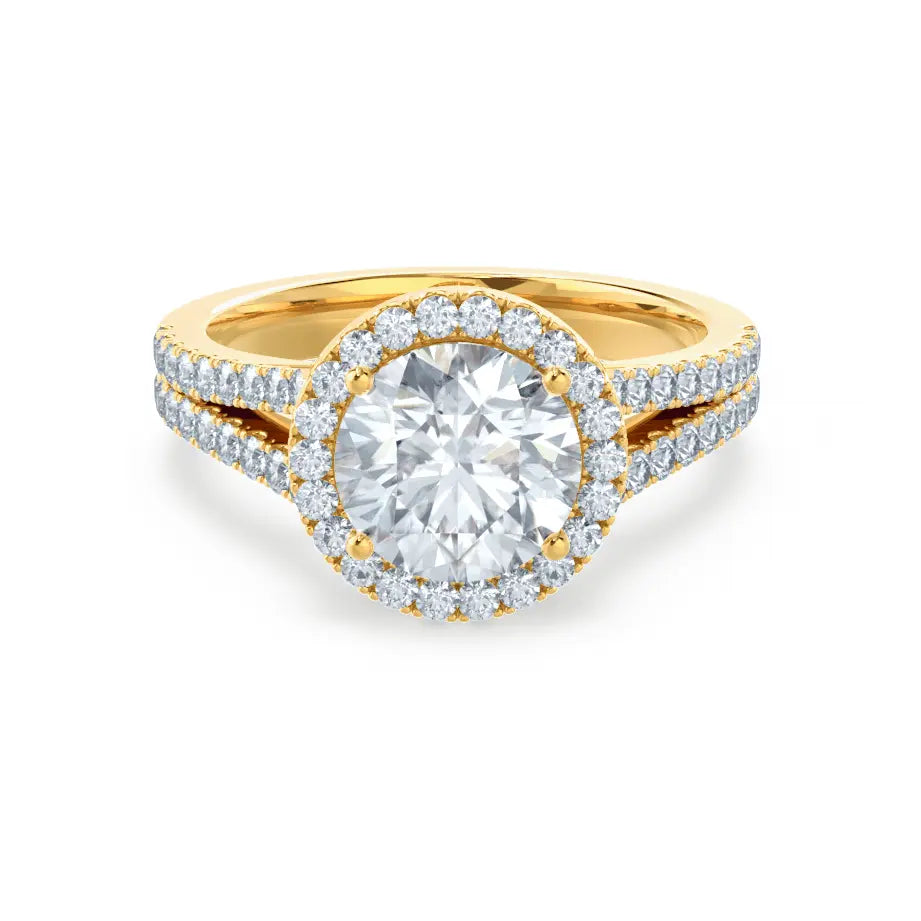 Round cut Natural Diamond Yellow Gold Split Shank Halo Ring - cushionblue