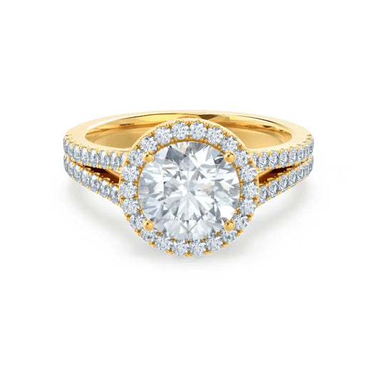 Round cut Natural Diamond Yellow Gold Split Shank Halo Ring - cushionblue
