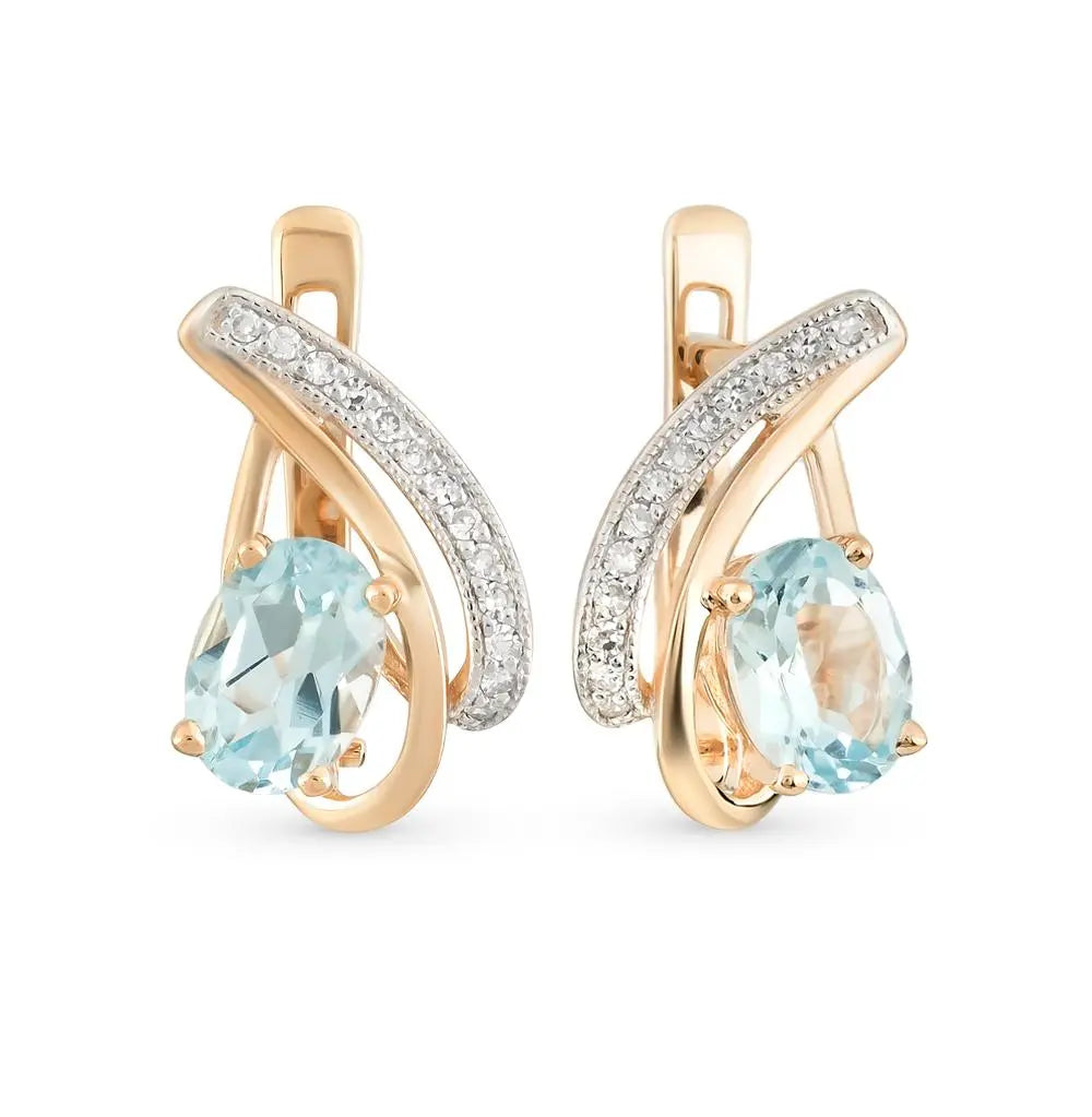Rose Gold Latch back earrings with Oval cut Topaz and diamonds - cushionblue
