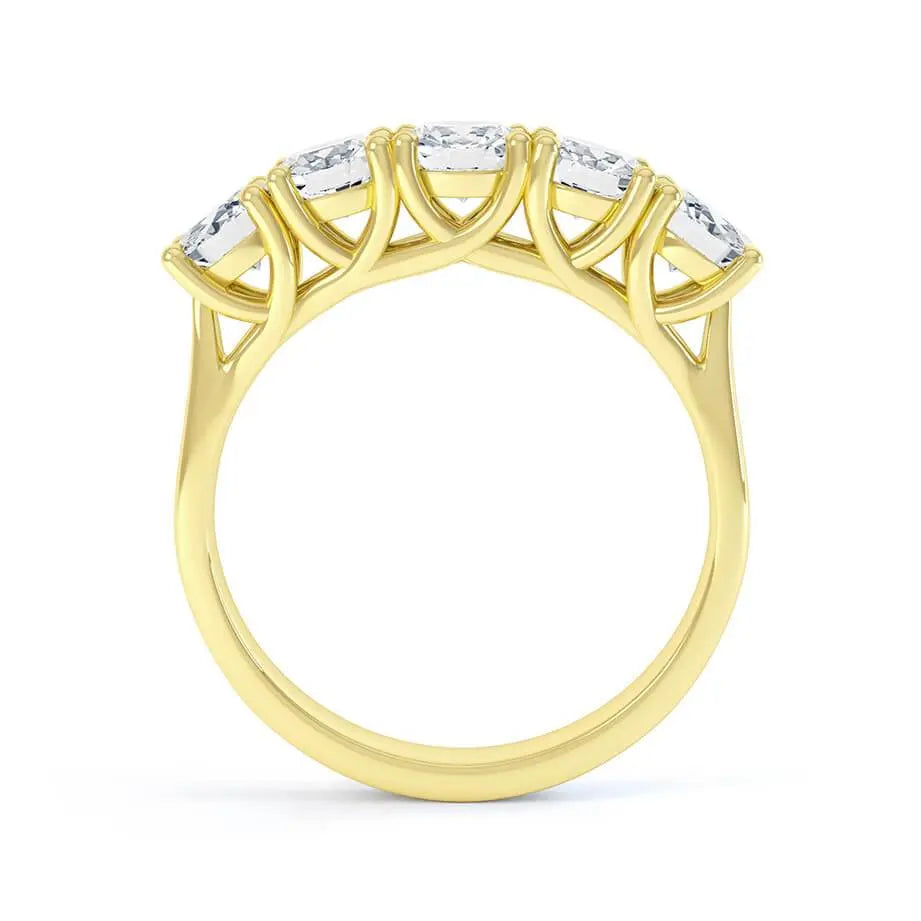 Round Brilliant Cut 5 Stone Set Yellow Gold Trilogy Ring - cushionblue