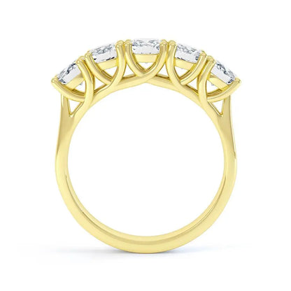 Round Brilliant Cut 5 Stone Set Yellow Gold Trilogy Ring - cushionblue