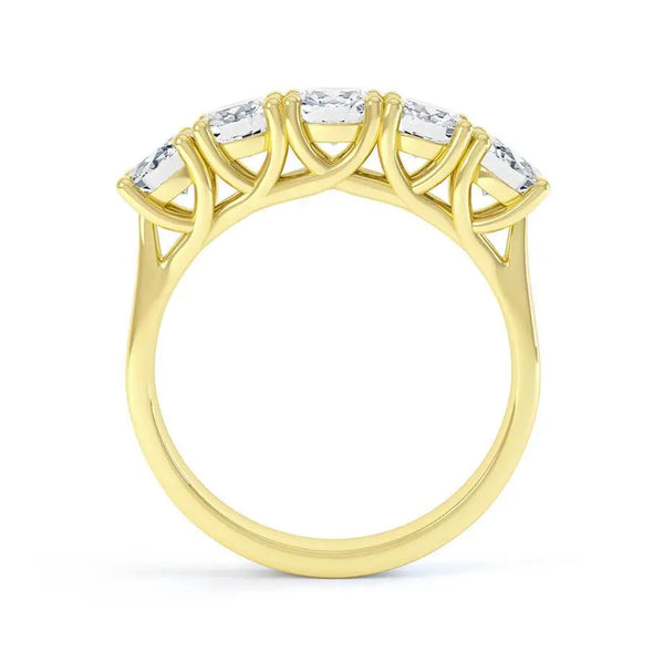 Round Brilliant Cut 5 Stone Set Yellow Gold Trilogy Ring - cushionblue