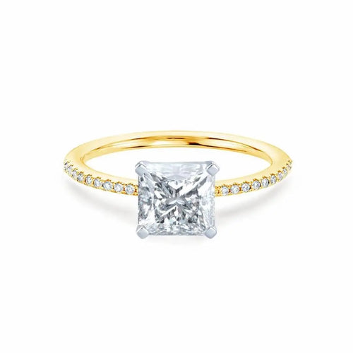 Princess Cut Two-tone Yellow Gold Petite Pavé Shoulder Set Solitaire Ring - cushionblue