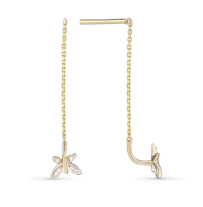 Yellow Gold Butterfly string earrings with diamonds - cushionblue