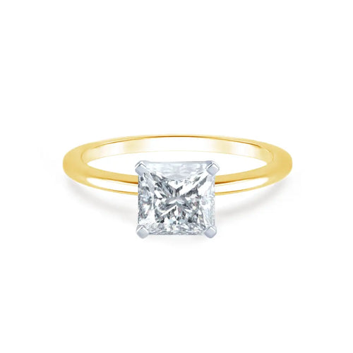 Princess Cut Two-tone Yellow Gold Petite Pavé Plain Mount Solitaire Ring - cushionblue