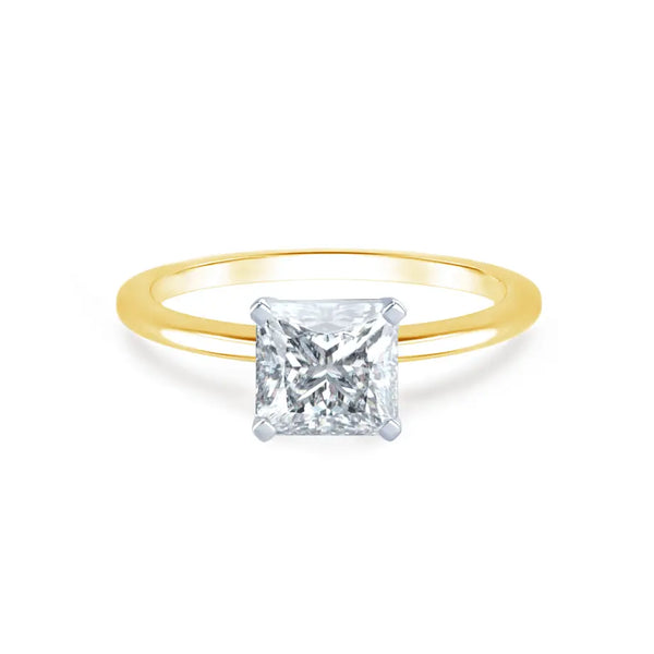 Princess Cut Two-tone Yellow Gold Petite Pavé Plain Mount Solitaire Ring - cushionblue
