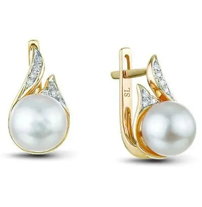 Yellow Gold Latch back earrings with pearls and diamonds - cushionblue