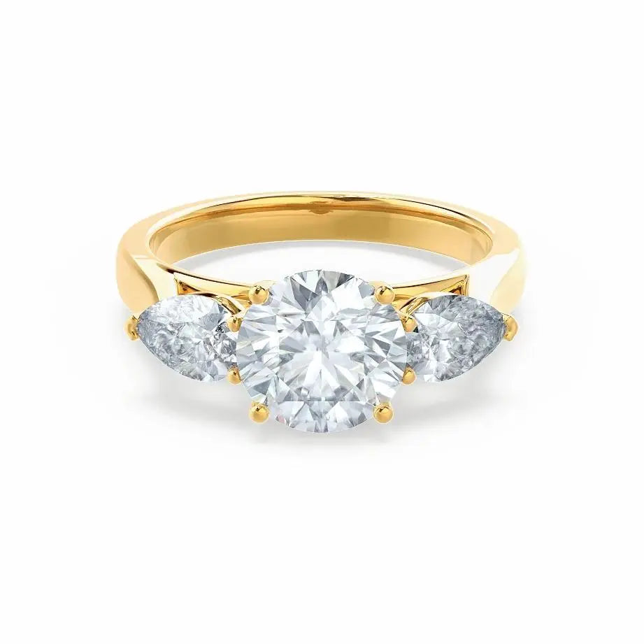 Round & Pear Cut Diamond Yellow Gold Trilogy Ring - cushionblue