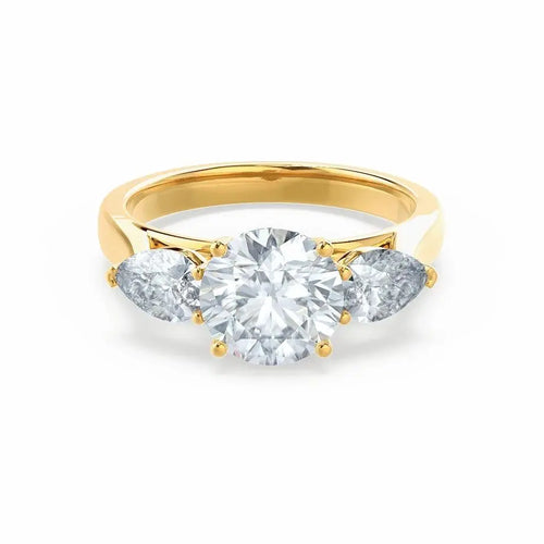 Round & Pear Cut Diamond Yellow Gold Trilogy Ring - cushionblue