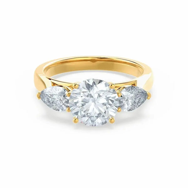 Round & Pear Cut Diamond Yellow Gold Trilogy Ring - cushionblue