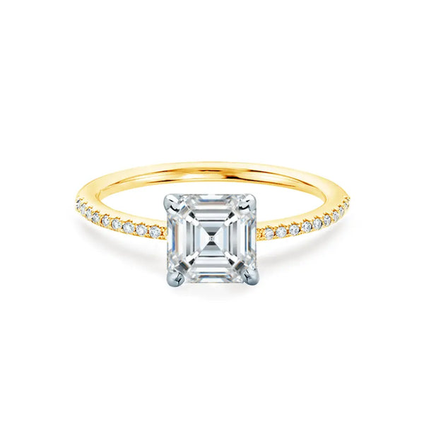 Asscher Cut Two-tone Yellow Gold Petite Pavé Shoulder Set Solitaire Ring - cushionblue