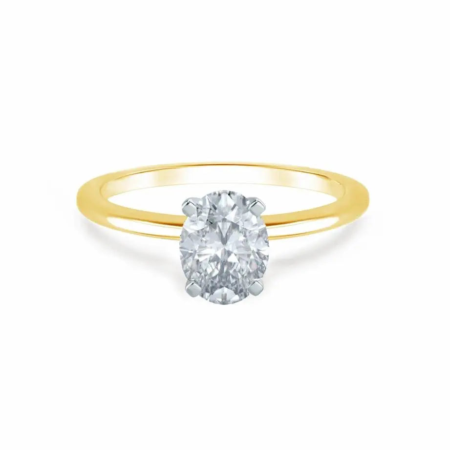 Oval Cut Two-tone Yellow Gold Plain Mount 4 Prong Solitaire Ring - cushionblue