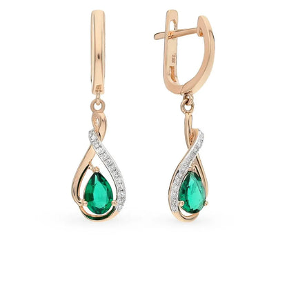 Rose Gold Latch back earrings with Hydrothermal emeralds and diamonds - cushionblue