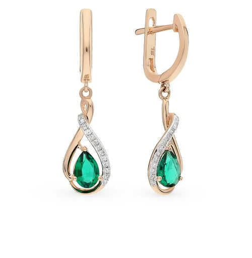 Rose Gold Latch back earrings with Hydrothermal emeralds and diamonds - cushionblue